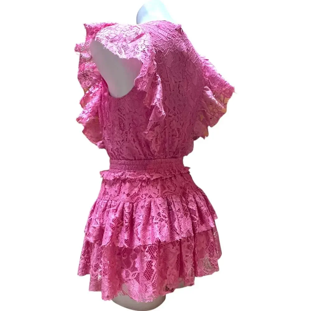 Idem Ditto Layered Lace Romper Mini Dress Pink Small